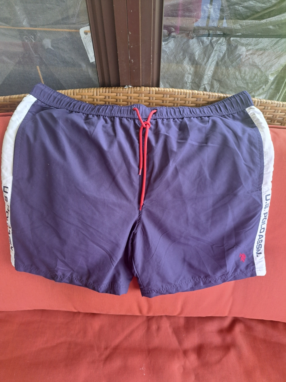Navy Swim Shorts with Red Drawstring